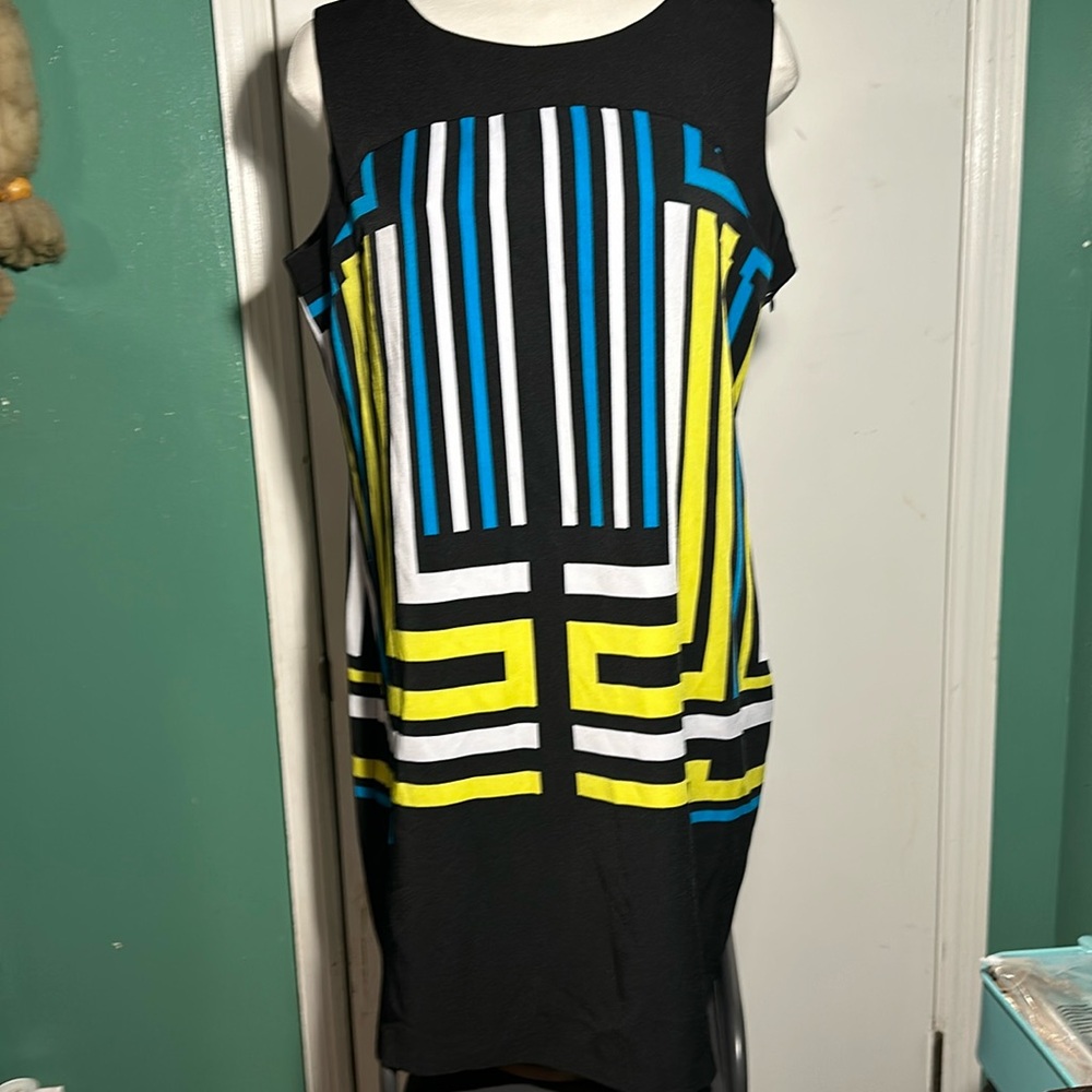 I LE New York women’s size 16 black dress with blue white and like green stripe